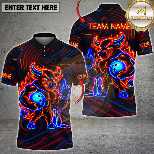 Maxcorners Bowling Bull Shirt Neon Fire Muscle Bull Graphic Multicolor Options Personalized Name, Team Name 3D Shirt (2 Colors)