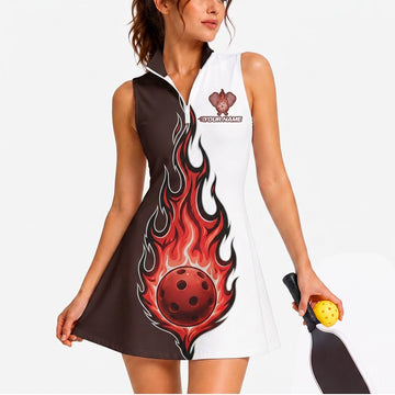 Maxcorners Pickleball Sleeveless Zipper Sports Dress Set White Red Inferno Ball Personalized Name 3D Sleeveless Zipper Sports Dress Set