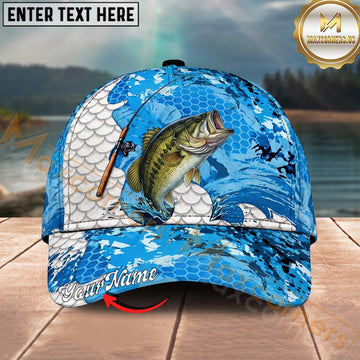 Maxcorners Fishing Rod Blue Scale Pattern Personalized Name 3D Cap (12 Fish Species)