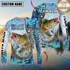 Maxcorners Fishing Blue Camo Water Splash Personalized Name, Team Name 3D Long Sleeve Shirt ( 12 Fish Species)
