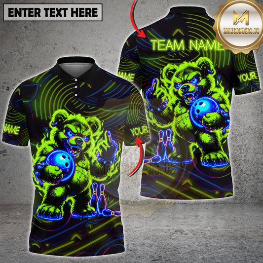 Maxcorners Bowling Bear Shirt Neon Fire Rage Bear Graphic Multicolor Options Personalized Name, Team Name 3D Shirt (2 Colors)