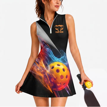 Maxcorners Pickleball Sleeveless Zipper Sports Dress Set Cosmic Fireball Burst Personalized Name 3D Sleeveless Zipper Sports Dress Set