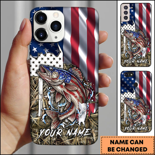 Maxcorners Walleye Fishing American Flag Patriotic Vintage Camo Personalized Name Phone Case