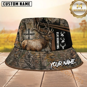 Maxcorners Elk Hunting Woodland Camo Cross Personalized Name 3D Bucket Hat