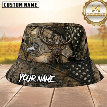Maxcorners Elk Hunting Real Tree Camo Zipper US Flag Personalized Name 3D Bucket Hat (Copy)