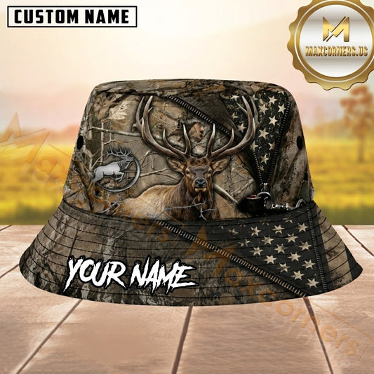 Maxcorners Elk Hunting Real Tree Camo Zipper US Flag Personalized Name 3D Bucket Hat