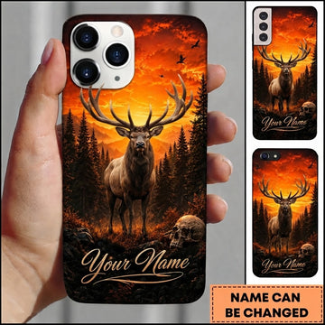 Maxcorners Hunting Majestic Elk Fiery Orange Sunset Mountain Forest Skull Customized Name Phone Case
