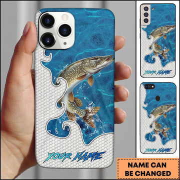 Maxcorners Pike Fishing Ocean Blue Wave Scale Pattern Splash Personalized Name Phone Case