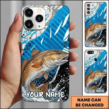 Maxcorners Fishing Jumping Redfish Blue Geometric Splash Art Personalized Name Phone Case