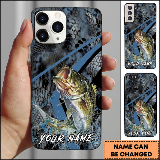 Maxcorners Bass Fishing Dark Hexagon Pattern Dynamic Splash Personalized Name Phone Case