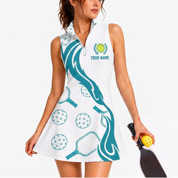 Maxcorners Pickleball Sleeveless Zipper Sports Dress Set Teal Flowing Pickleball Lines Personalized Name 3D Sleeveless Zipper Sports Dress Set