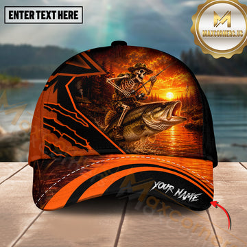 Maxcorners Skeleton Fishing Sunset Multicolor Options Personalized Name 3D Cap(12 Fish Species)