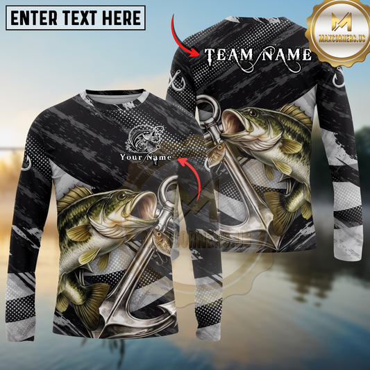 Maxcorners Fishing Anchor Vintage Personalized Name, Team Name Long Sleeve Shirt (9 Fish Species)