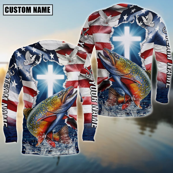 Maxcorners Trout Fishing Cross Jesus With Flag of the United States Pattern Sport Custom Name & Team Name 3D Shirts