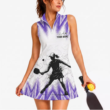 Maxcorners Pickleball Sleeveless Zipper Sports Dress Set Purple Lightning Pickleball Player Personalized Name 3D Sleeveless Zipper Sports Dress Set