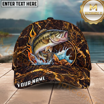 Maxcorners Fishing Lava Fire Rock Water Splash Personalized Name 3D Cap (12 Fish Species)
