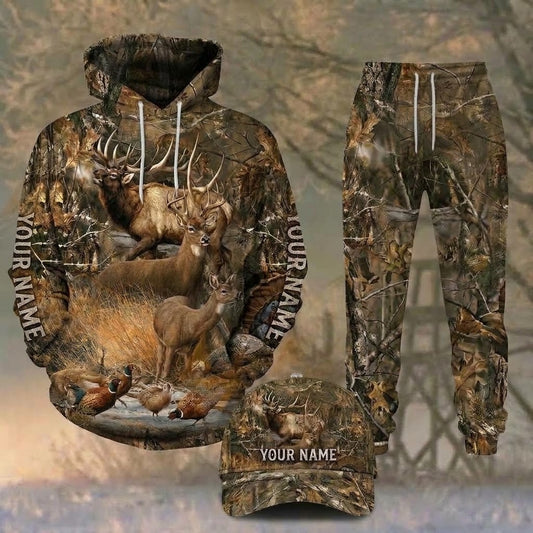Maxcorners Hunting Wild Elk Deer Pheasant Autumn Forest Brown Camo Personalized 3D Shirts