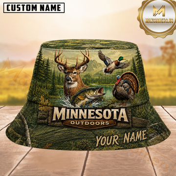 Maxcorners Hunting Minnesota Outdoor Wildlife Green Mountain Lake Landscape Personalized Name 3D Bucket Hat
