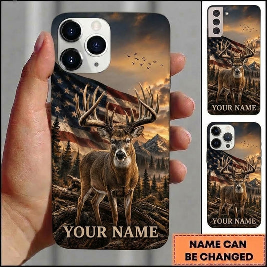 Maxcorners Hunting Deer US Flag Mountain Customized Name Phone Case