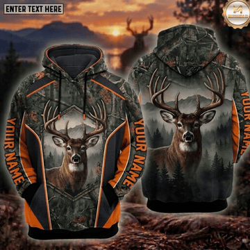 Maxcorners Deer Hunting Big Buck Mountain Forest Orange Stripe Camo Personalized Hoodie Your Name 3D Hoodie