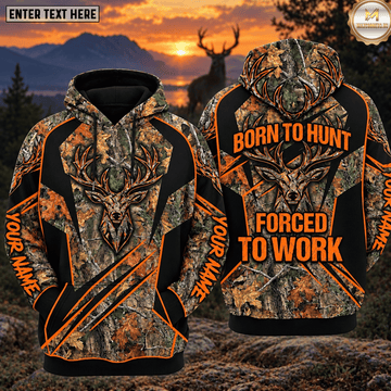Maxcorners Deer Hunting Born To Hunt Forced To Work Orange Black Fall Camo Buck Head Personalized Hoodie Your Name 3D Hoodie
