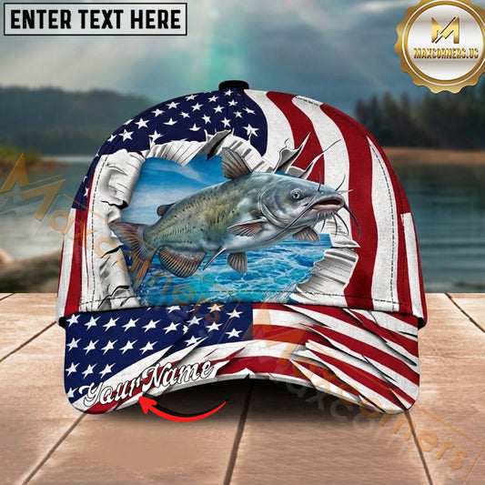 Maxcorners Fishing Patriotic Ripped Ocean Personalized Name 3D Cap (12 Fish Species)