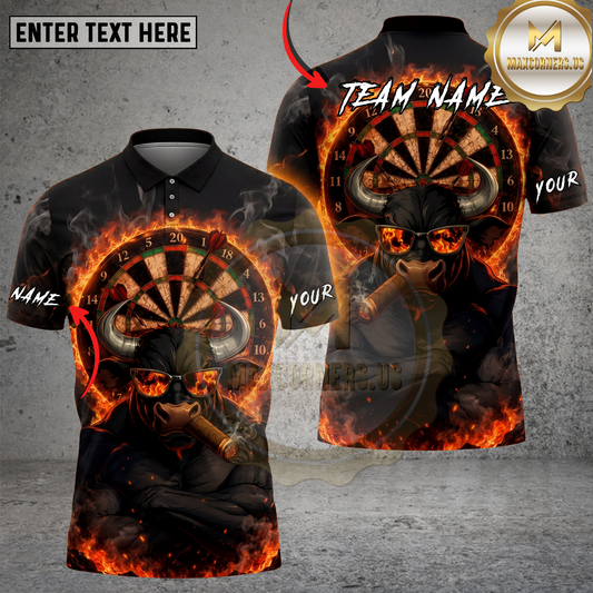Maxcorners Darts Polo Shirt Fire Bull Dartboard Graphic Multicolor Options Personalized Name, Team Name 3D Shirt (4 Colors)