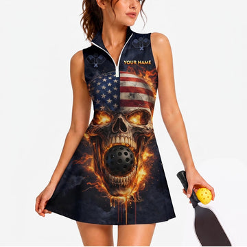 Maxcorners Pickleball Sleeveless Zipper Sports Dress Set Dark Inferno Skull Ball Personalized Name 3D Sleeveless Zipper Sports Dress Set
