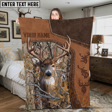 Maxcorners Leather Patch Whitetail Deer Hunting Camo Personalized 3D Blanket