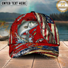 Maxcorners Fishing Ripped Red American Flag Hook Personalized Name 3D Cap (12 Fish Species)