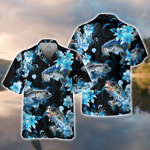 Maxcorners Bass Fishing Black And Blue All Over Print 3D Hawaiian Shirt