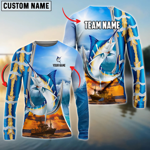 Maxcorners Marlin Fishing Personalized Name, Team Name 3D Long Sleeve Shirt