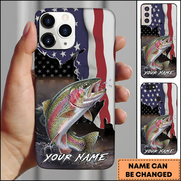 Maxcorners Trout Fishing American Flag Patriotic Splash Personalized Name Phone Case