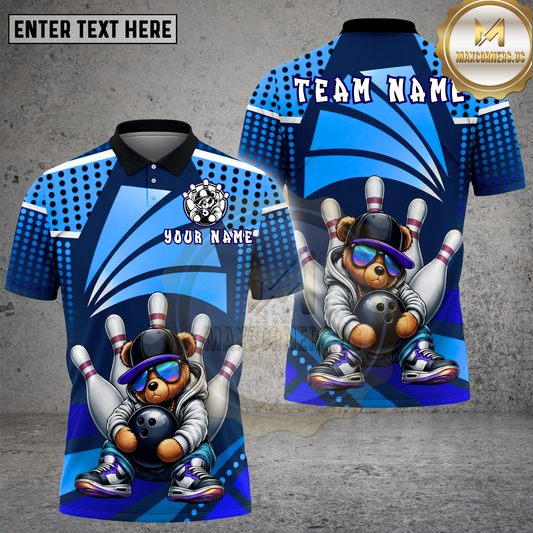 Maxcorners Bowling Bear Hip Hop Retro Neon Style Multicolor Options Personalized Name, Team Name 3D Shirt (4 Colors)