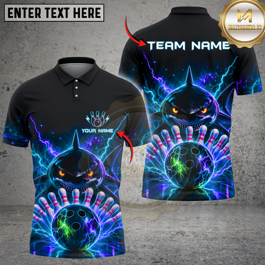 Maxcorners Bowling Shirt Electric Shark Strike Lightning Energy Design Multicolor Options Personalized Name, Team Name 3D Shirt (4 Colors)