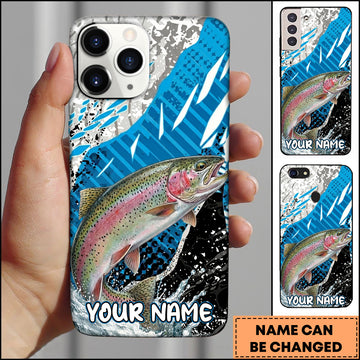 Maxcorners Fishing Jumping Trout Blue Geometric Splash Art Personalized Name Phone Case