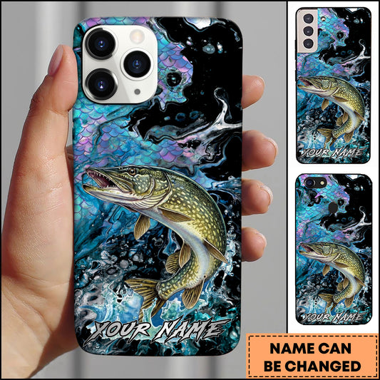Maxcorners Pike Fishing Neon Scale Texture Water Splash Personalized Name Phone Case