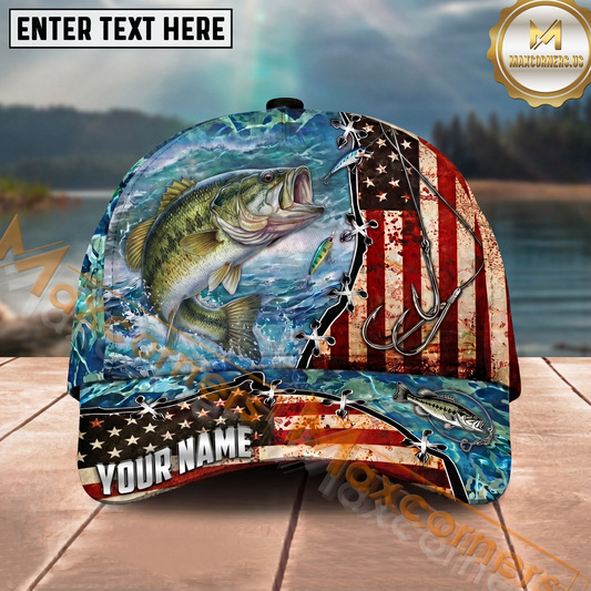 Maxcorners Fishing  American Flag Fishing Hook Multi Options Personalized Name 3D Classic Cap (11 Fish Species)