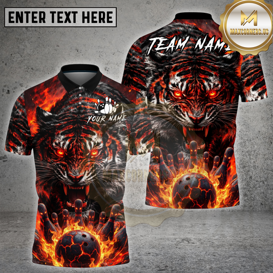 Maxcorners Fierce Tiger Flaming Bowling Ball Power Multicolor Options Personalized Name, Team Name 3D Shirt (4 Colors)
