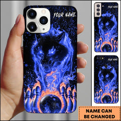 Maxcorners Bowling Phone Case Flaming Wolf And Bowling Ball Fire Strike Art Personalized Name Phone Case | Blue
