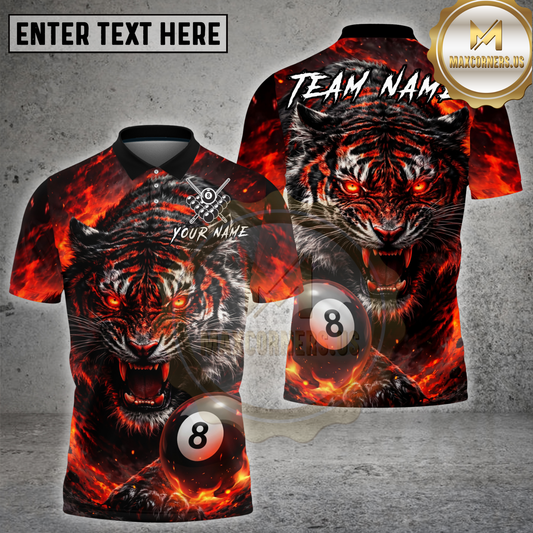 Maxcorners Angry Tiger 8 Ball  Billiard Fire Energy Multicolor Options Personalized Name, Team Name 3D Shirt (4 Colors)