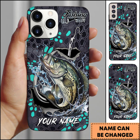 Maxcorners Crappie Fishing Hexagon Tech Pattern Hook Icon Water Splash Personalized Name Phone Case