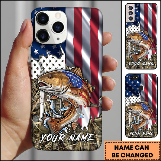 Maxcorners Redfish Fishing American Flag Patriotic Vintage Camo Personalized Name Phone Case