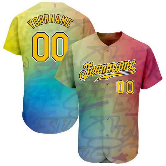 Maxcorners Custom Graffiti Pattern Gold-Black 3D Authentic Baseball Jersey LM2605