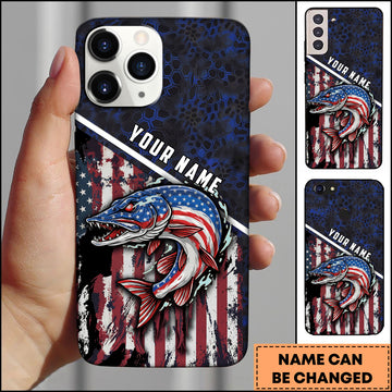 Maxcorners Pike Fishing Patriotic USA Flag Honeycomb Tech Style Personalized Name Phone Case