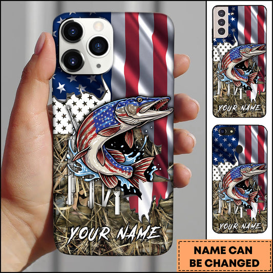Maxcorners Pike Fishing American Flag Patriotic Vintage Camo Personalized Name Phone Case
