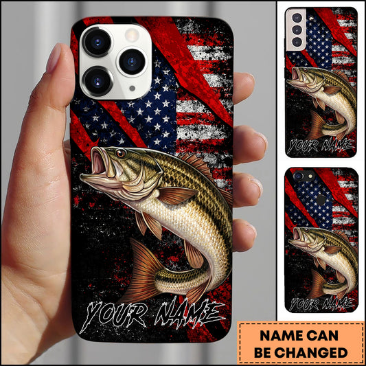 Maxcorners Fishing Bass American Flag Patriotic Grunge Personalized Name Phone Case