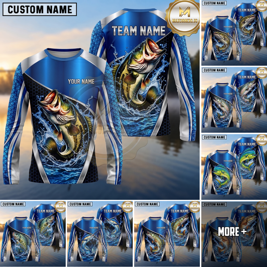 Maxcorners Fishing Shirt Royal Blue Metallic Silver Geometric Pattern Multiple Options Personalized Name, Team Name 3D Long Sleeve Shirt (13 Fish Species)