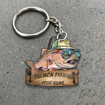 Maxcorners Salmon Fishing Funny Fishing Hat Cartoon Rustic Style Personalized Name Keychain