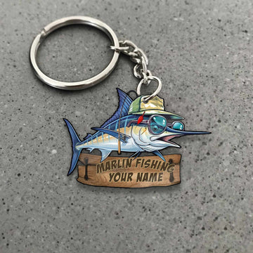 Maxcorners Marlin Fishing Funny Fishing Hat Cartoon Rustic Style Personalized Name Keychain